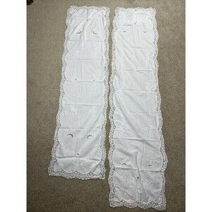 2‎ VTG White Floral Vine Embroidered Cutwork Lace Trim Table Runner 12x47, 12x52